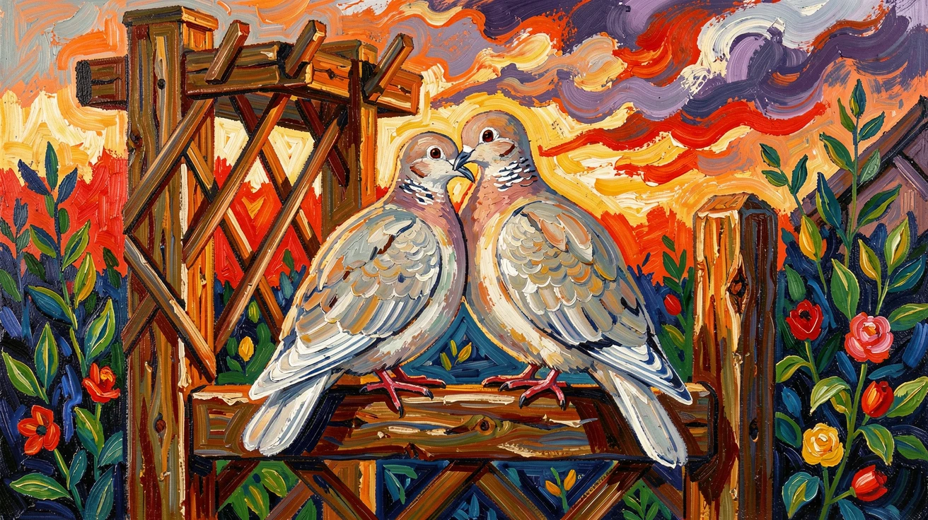 A pair of turtle doves perched together on a garden trellis at dawn.