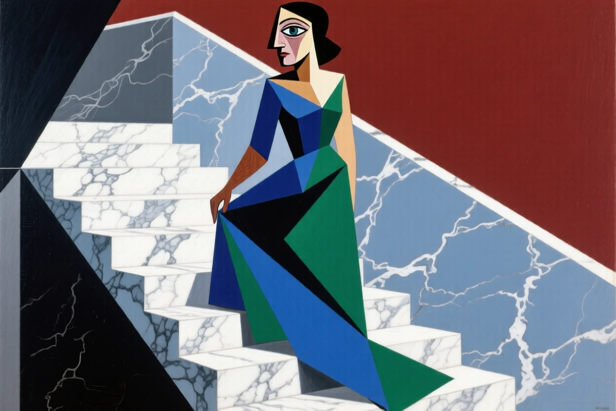 An elegant woman in a flowing gown descending a grand marble staircase.