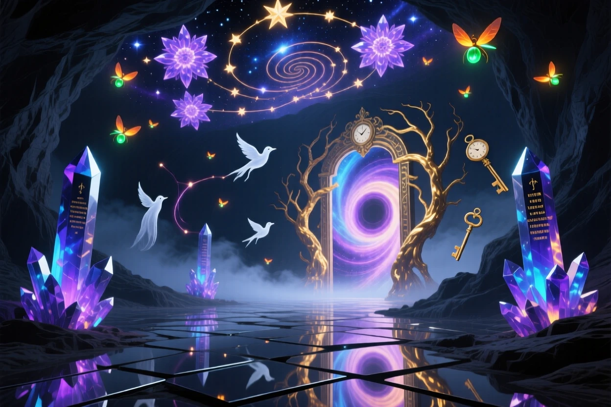 A cave whose walls are lined with glowing crystal constellations hums faintly with a low, unseen music, as fireflies drift like scattered stars through the air.
