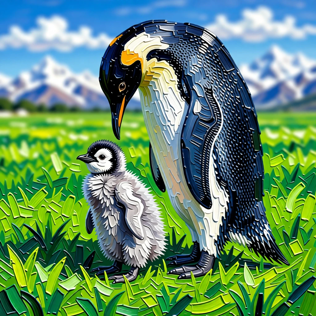 A heartwarming photo of a baby penguin chick following closely behind its mother across a green field