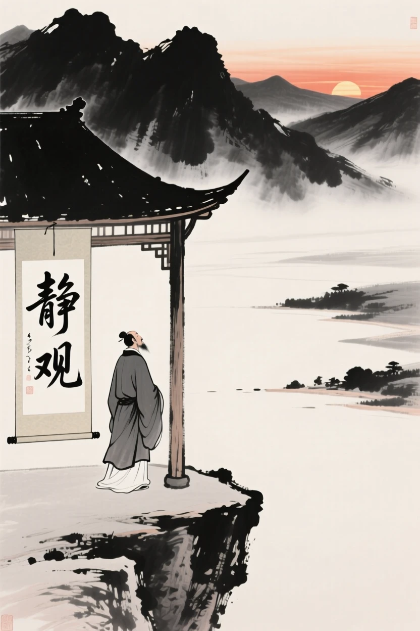 A scholar gazes out over a valley from a cliffside pavilion, as the sun begins to set behind the far ridgeline.