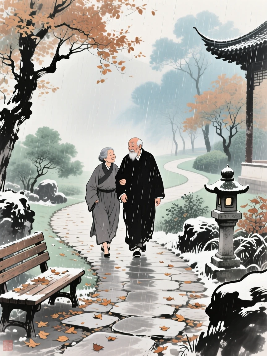 An elderly couple strolling arm in arm along a garden path in autumn, as winter frost settles, through a curtain of fine rain.