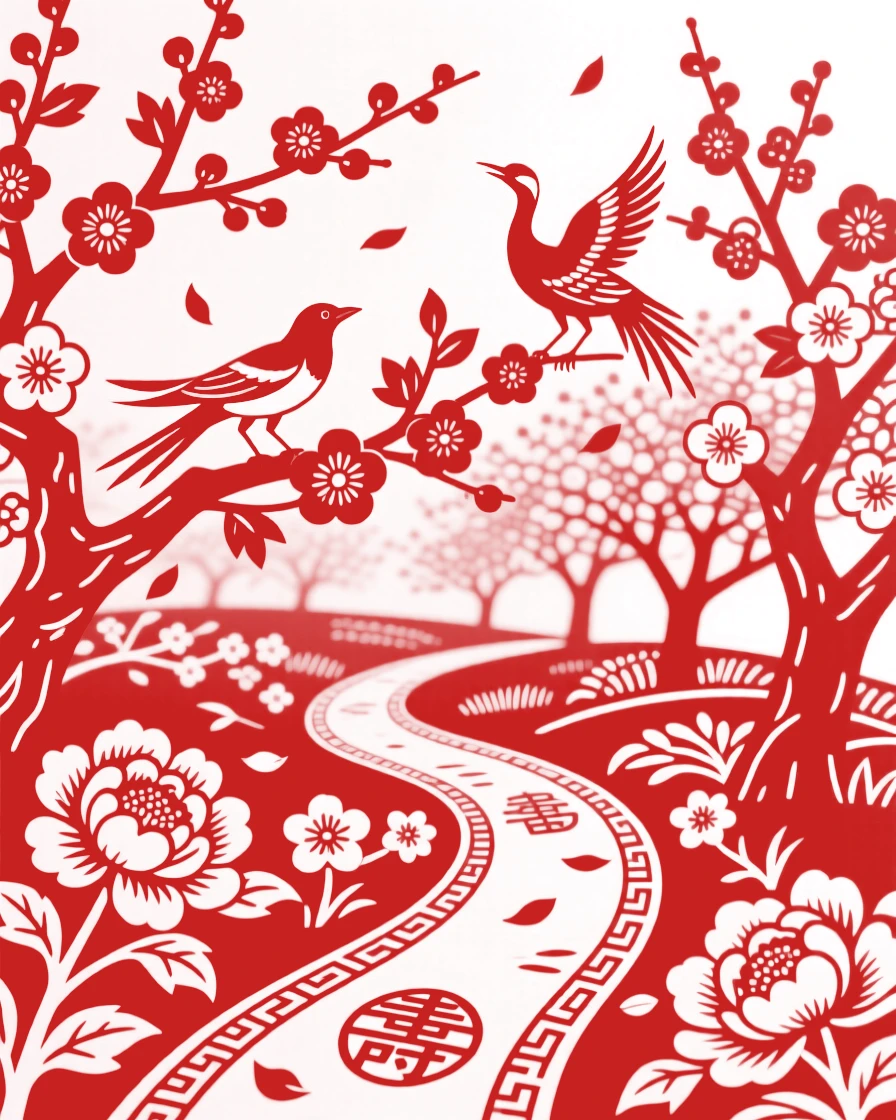 A spring orchard in full blossom with petals drifting across a winding garden path