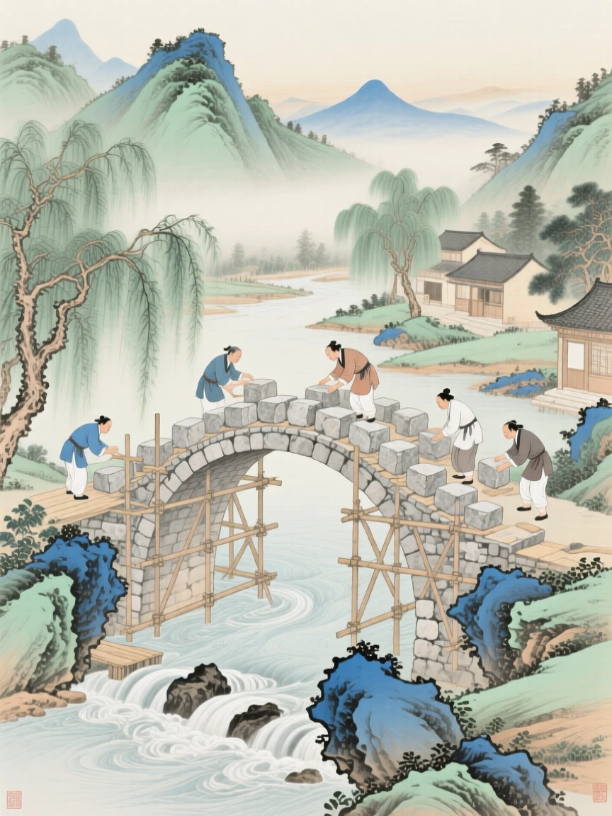 Villagers building a stone bridge across a mountain river