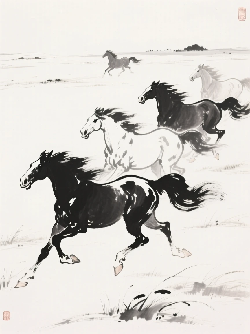 A group of wild horses galloping across an open plain, seen from a respectful distance within its natural surroundings, capturing a fleeting, tender moment of wild life.