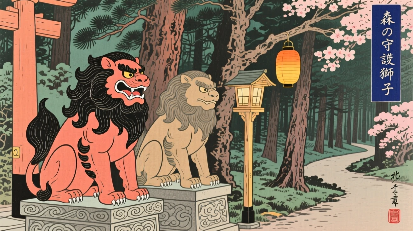 Guardian lion statues standing guard at the edge of an old forest.
