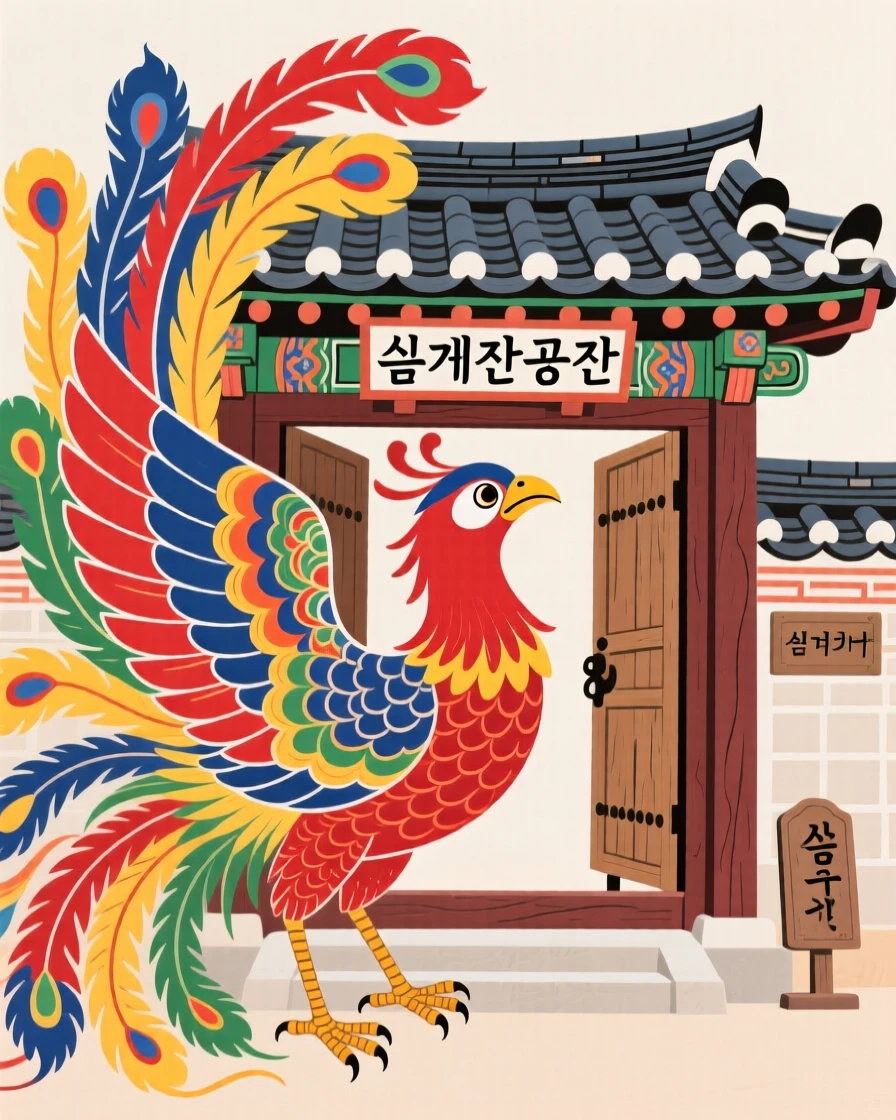 A phoenix with flowing tail feathers, guarding the entrance to a hidden palace.