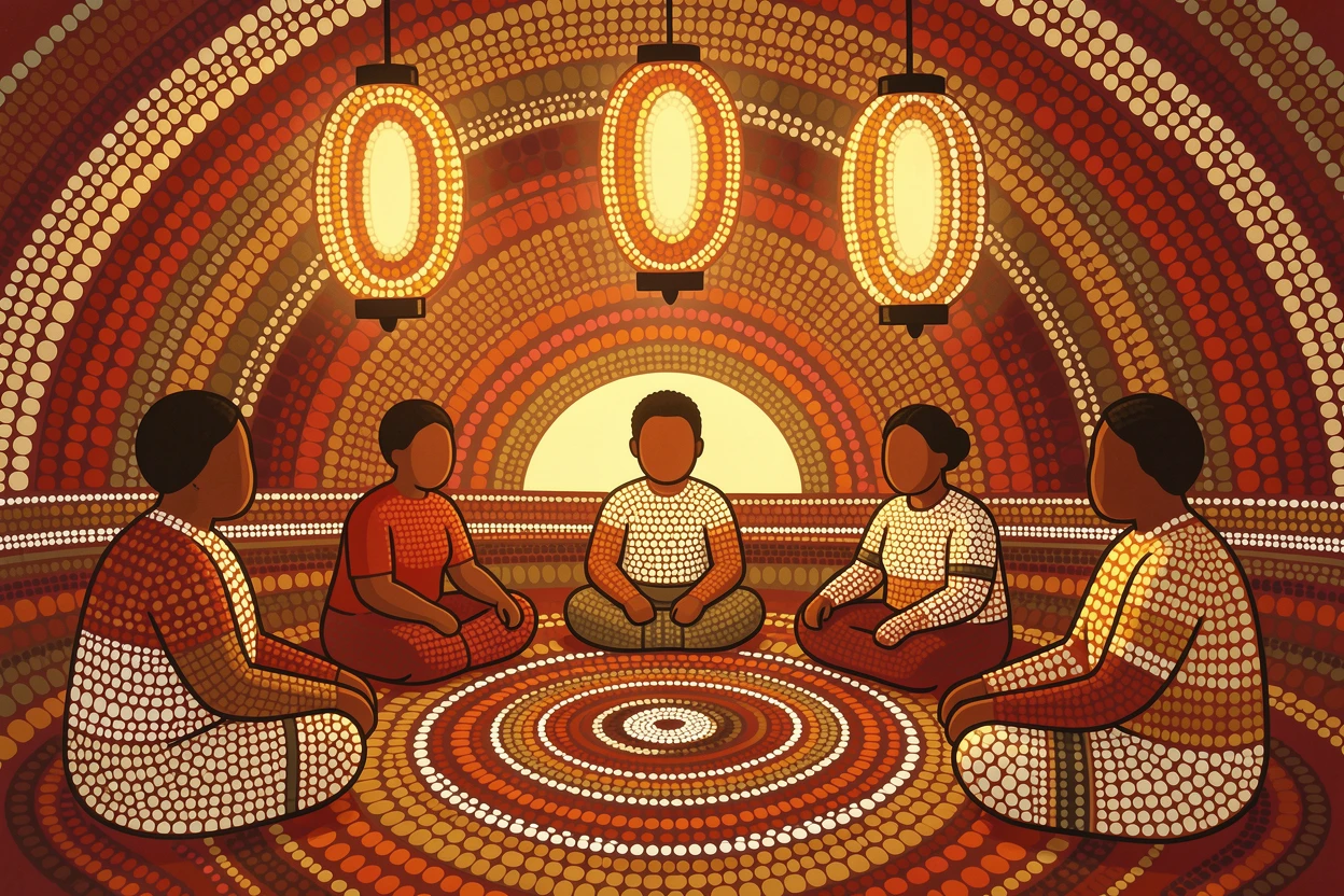 A family sharing a meal beneath lantern light at sunrise