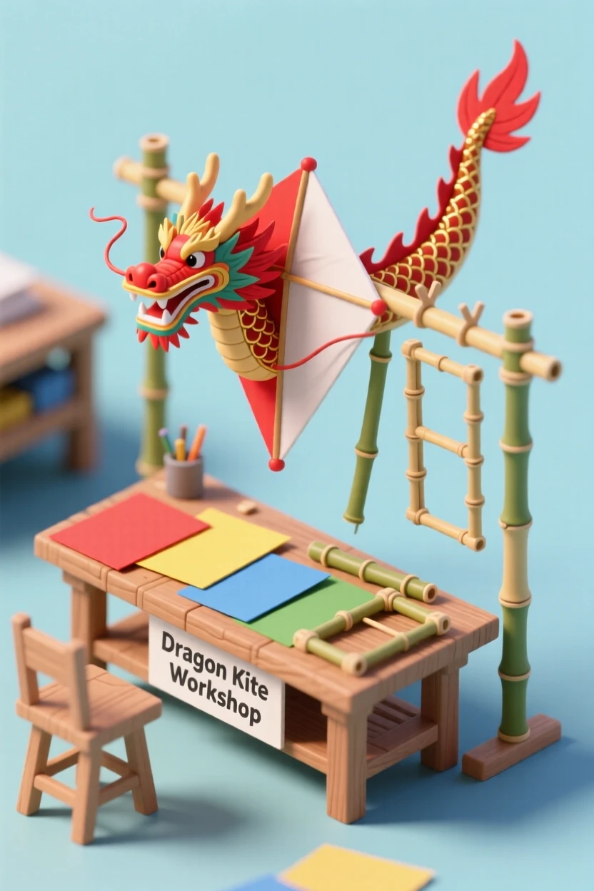 A kite-building workshop with colorful paper and bamboo frames laid out, a half-finished dragon kite drying on a rack.
