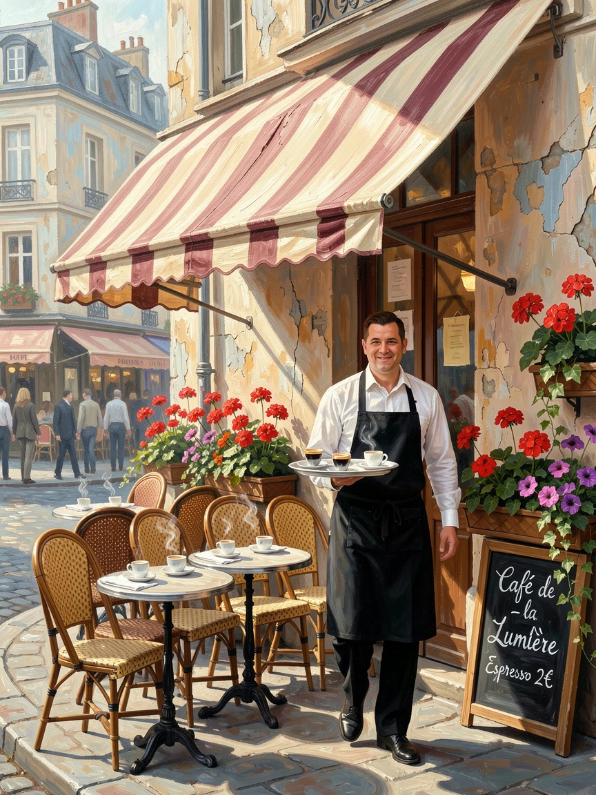 A charming café terrace in Paris sits beneath a striped awning, wicker chairs facing the street as a waiter carries a tray of espresso past blooming flower boxes, the play of light across weathered surfaces revealing decades of history in every wall.