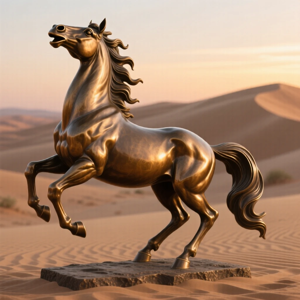A majestic arabian horse rearing in a desert sunset, in a moment of raw, untamed beauty, evoking wonder and majesty