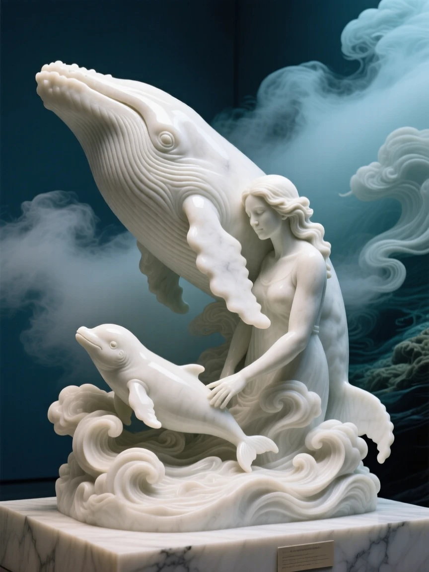 A vivid, emotionally rich scene of a mother whale swimming beside her calf, amid swirling clouds and mist, designed to captivate and inspire