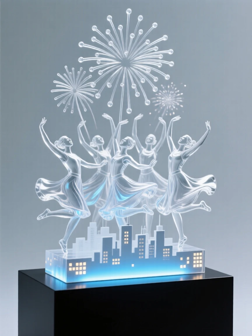 A group of dancers celebrating together beneath fireworks, overlooking a city skyline glowing with evening lights