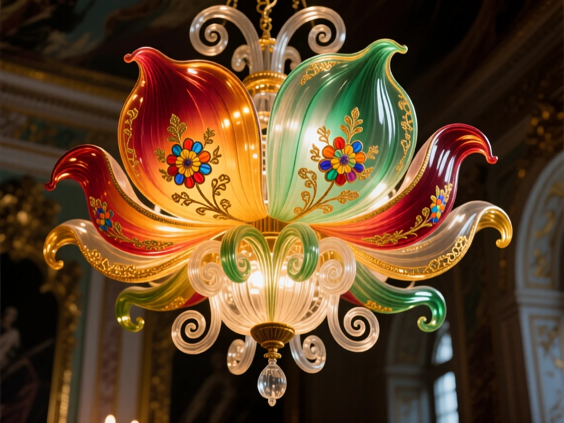 A grand chandelier shaped like a blooming flower hanging in a palace hall, elegant and radiant.