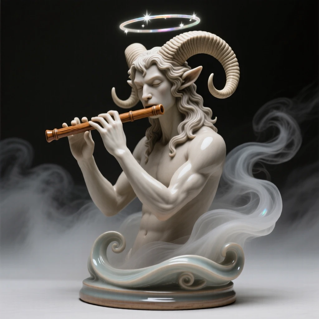 A horned faun playing a wooden flute emerging dramatically from a swirl of mist, haloed by a faint circle of starlight, capturing the enchantment of forgotten legend.