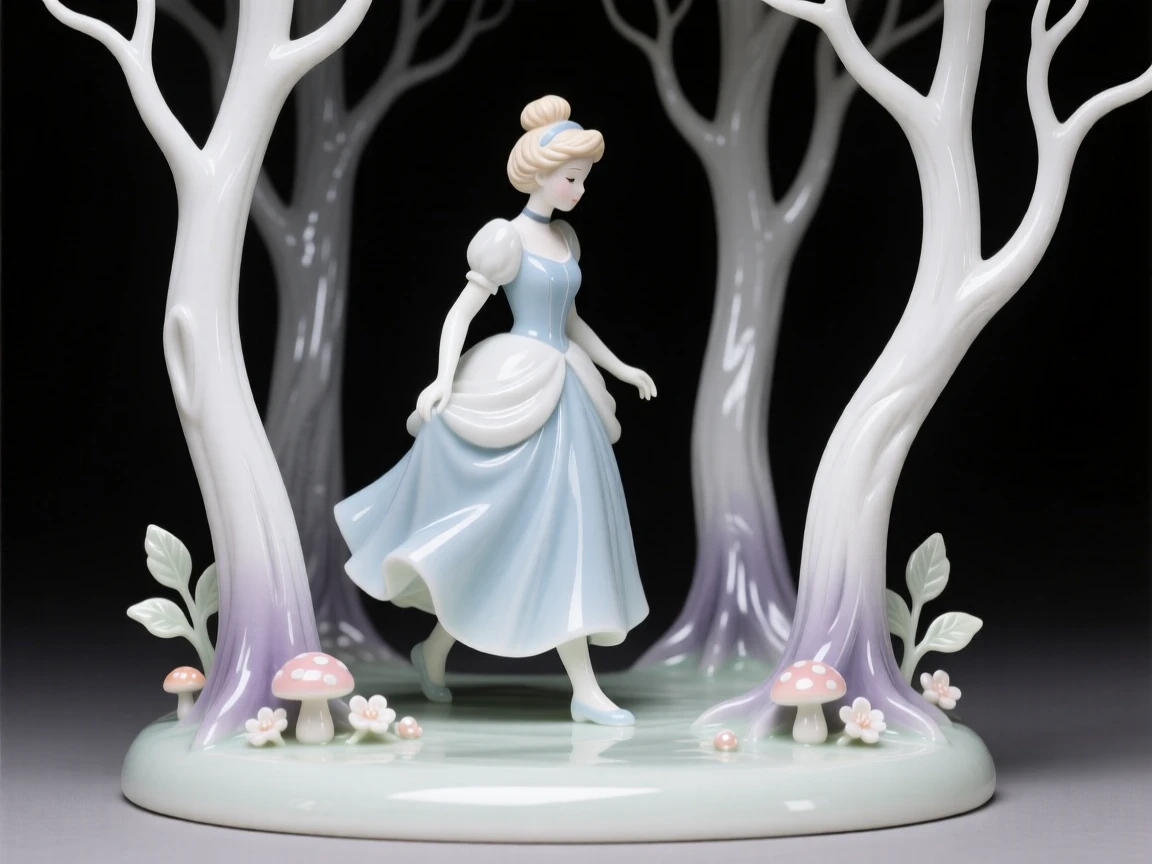 A storybook depiction of Cinderella walking through a shadowy enchanted wood, rendered with warm, nostalgic charm.