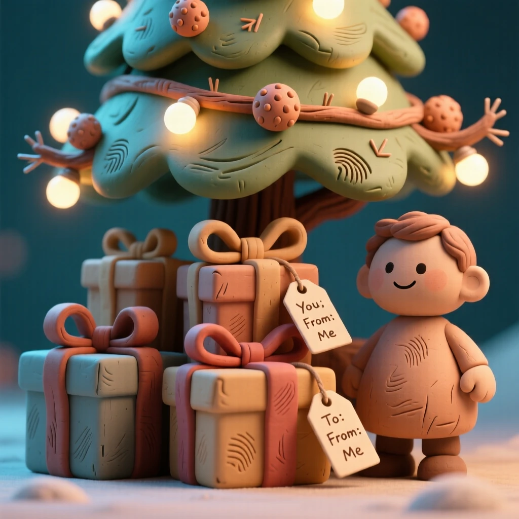 A stack of gift-wrapped presents beneath a glowing holiday tree