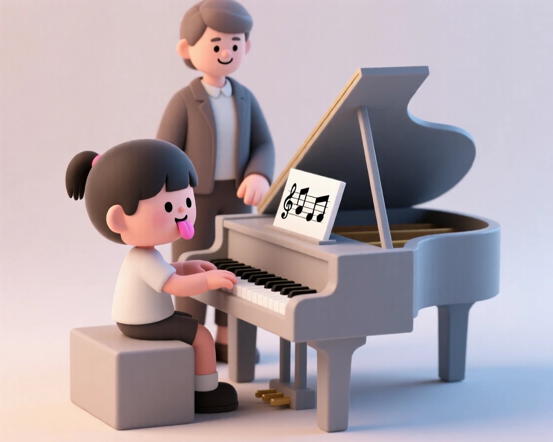 A determined child practices piano scales, tongue poking out in concentration beside a patient music teacher.