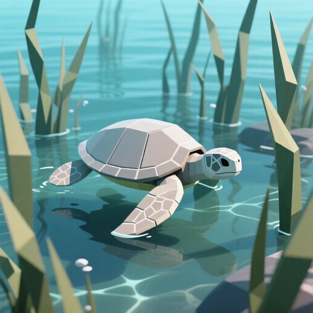 A sea turtle gliding gracefully through clear water, amid tall swaying grass. the composition centers the subject with a shallow depth of field. The scene feels calm and majestic.