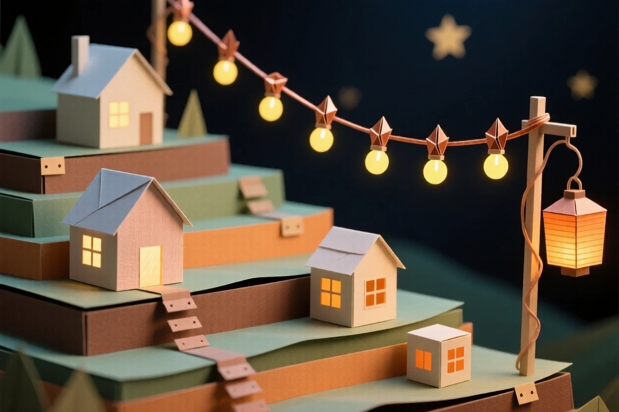 A terraced hillside village illuminated by string lights after dark, with lanterns swaying gently in the breeze, evoking quiet, timeless beauty.