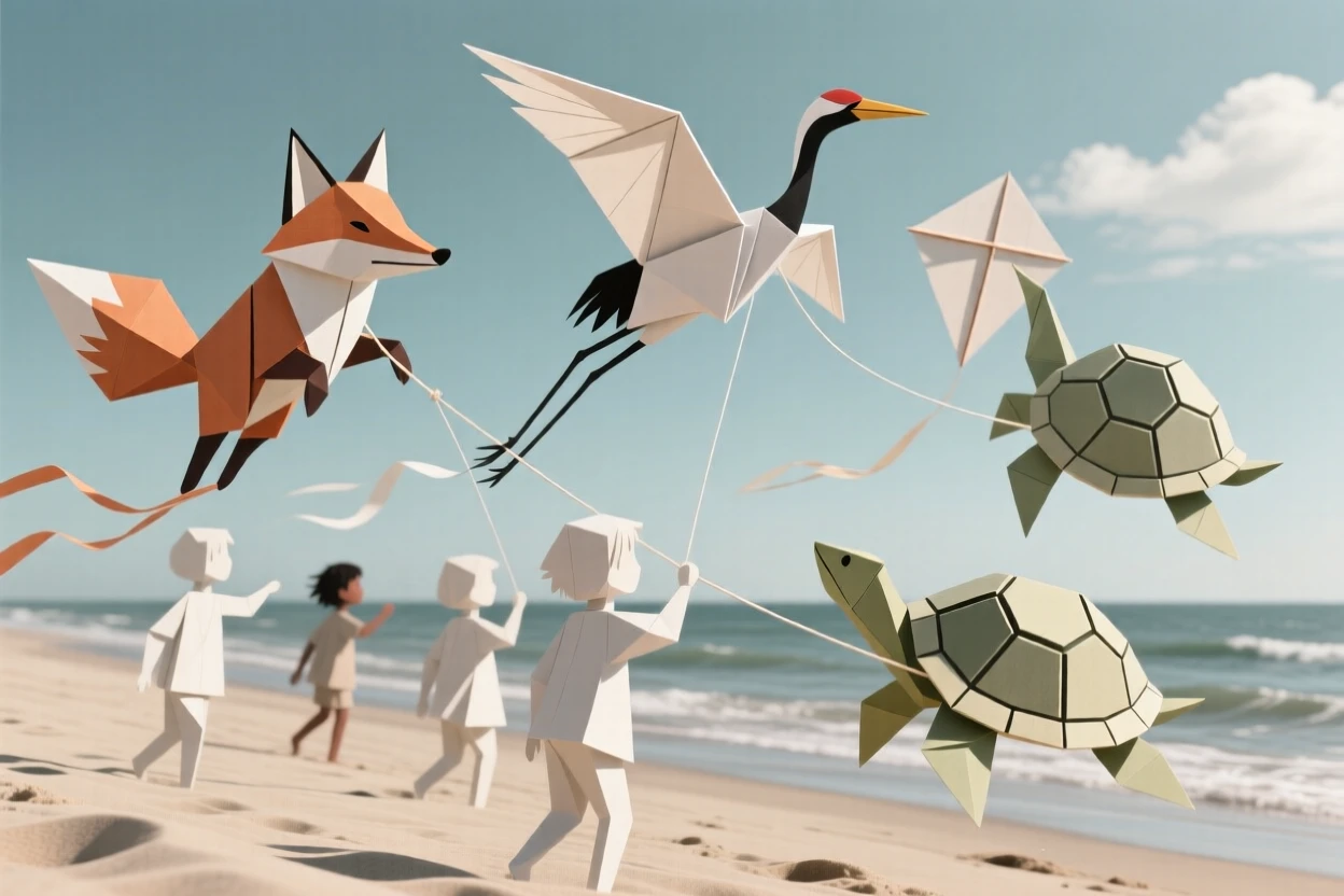 A group of children flying kites shaped like animals over a windy beach.