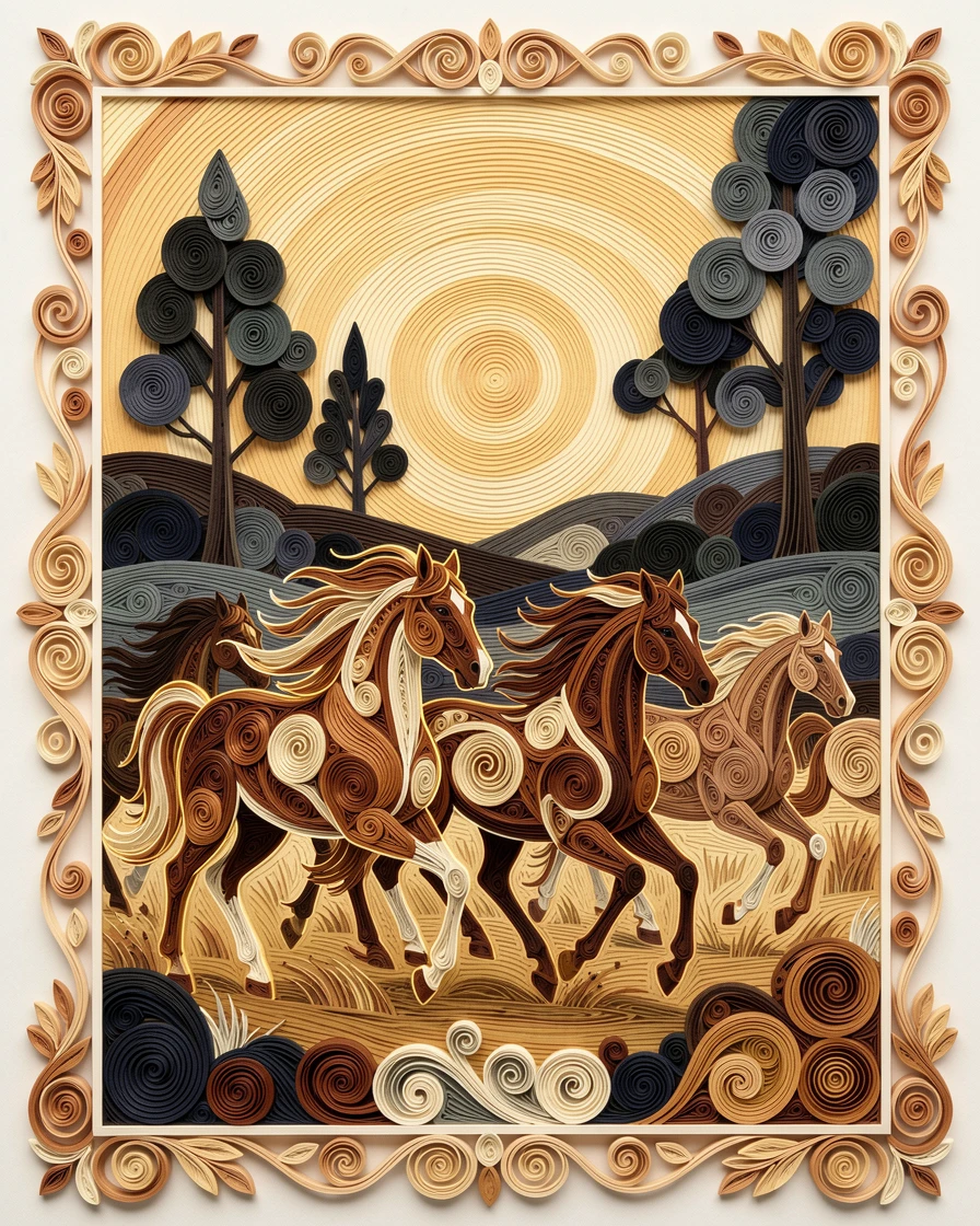 A striking wildlife scene of a herd of wild horses galloping across an open plain beneath tall shadowy silhouettes in the distance, with warm golden light rimming the fur or feathers, framed in a dramatic silhouette against the sky.