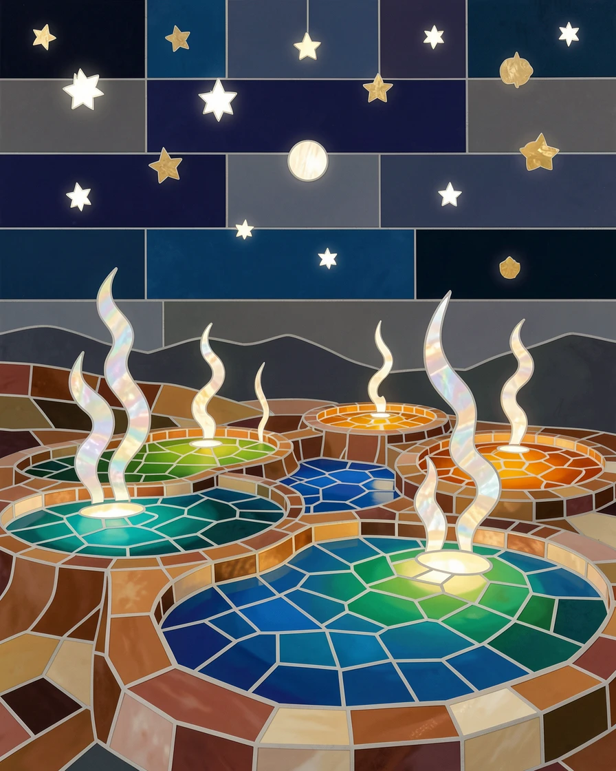 A colorful hot spring terrace glowing under a starry night sky.