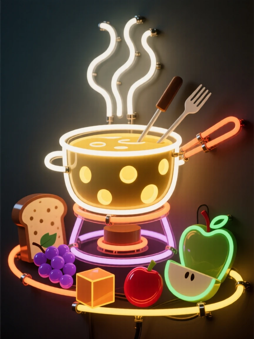 A cheese fondue pot surrounded by bread cubes and fruit.