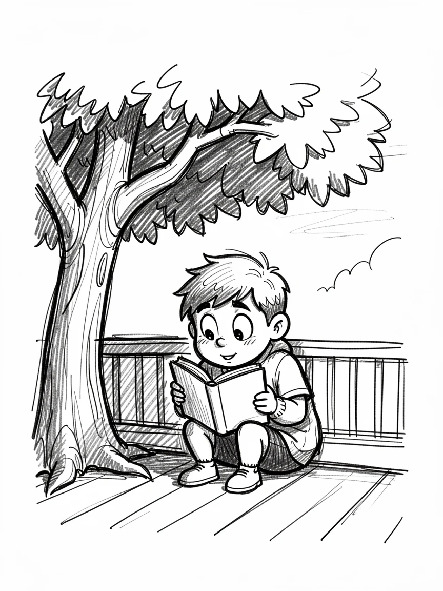 A child reading a book under a shady tree on a porch during a warm evening.