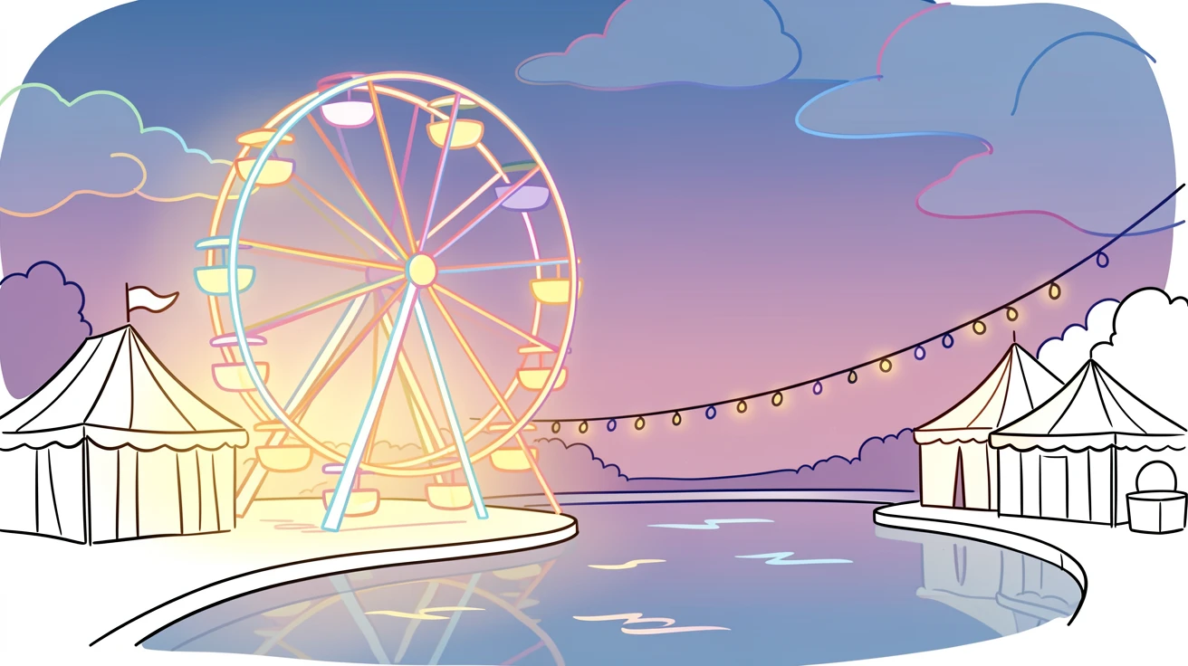 A ferris wheel glowing against a twilight sky at a lakeside carnival.
