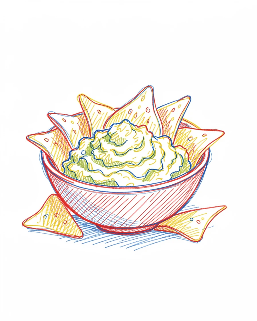A bowl of fresh guacamole surrounded by crispy tortilla chips