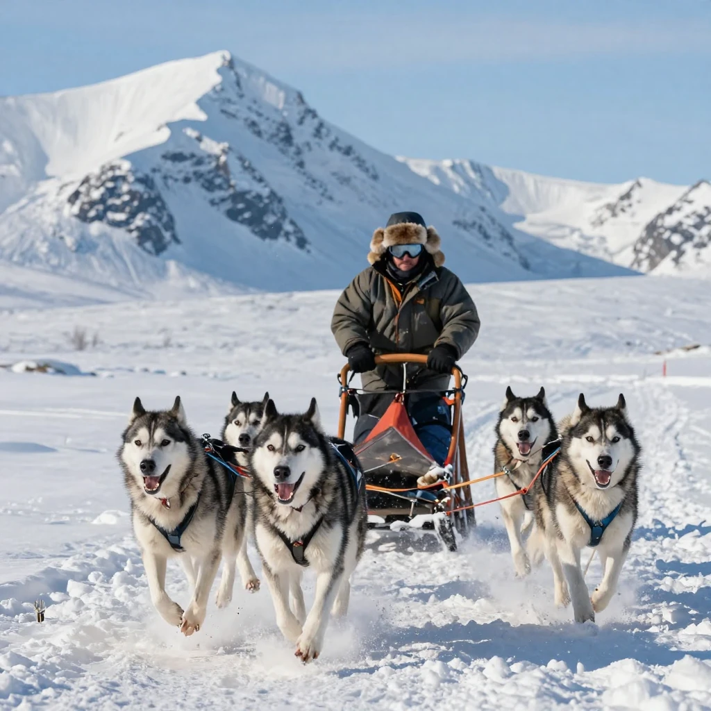 A dog sled team racing across a snowy Arctic landscape