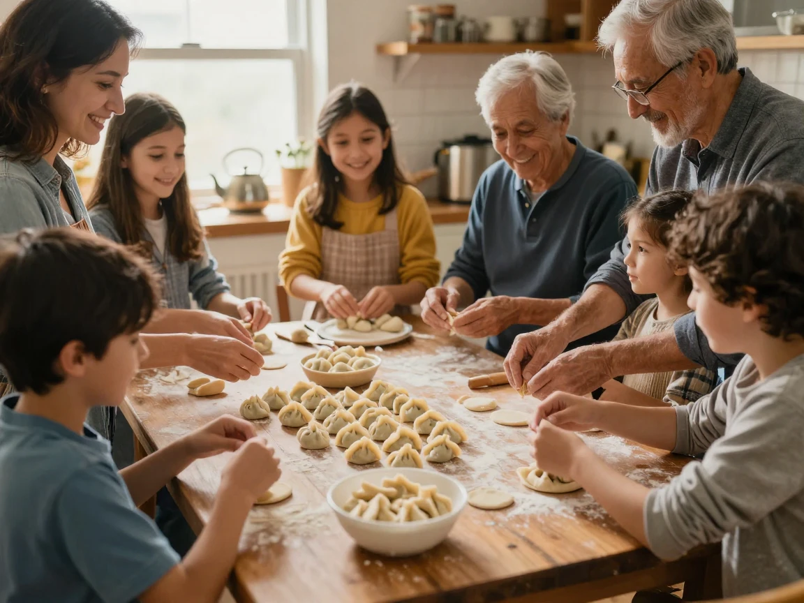 A family gathers around a table piled with dumplings they folded together by hand.