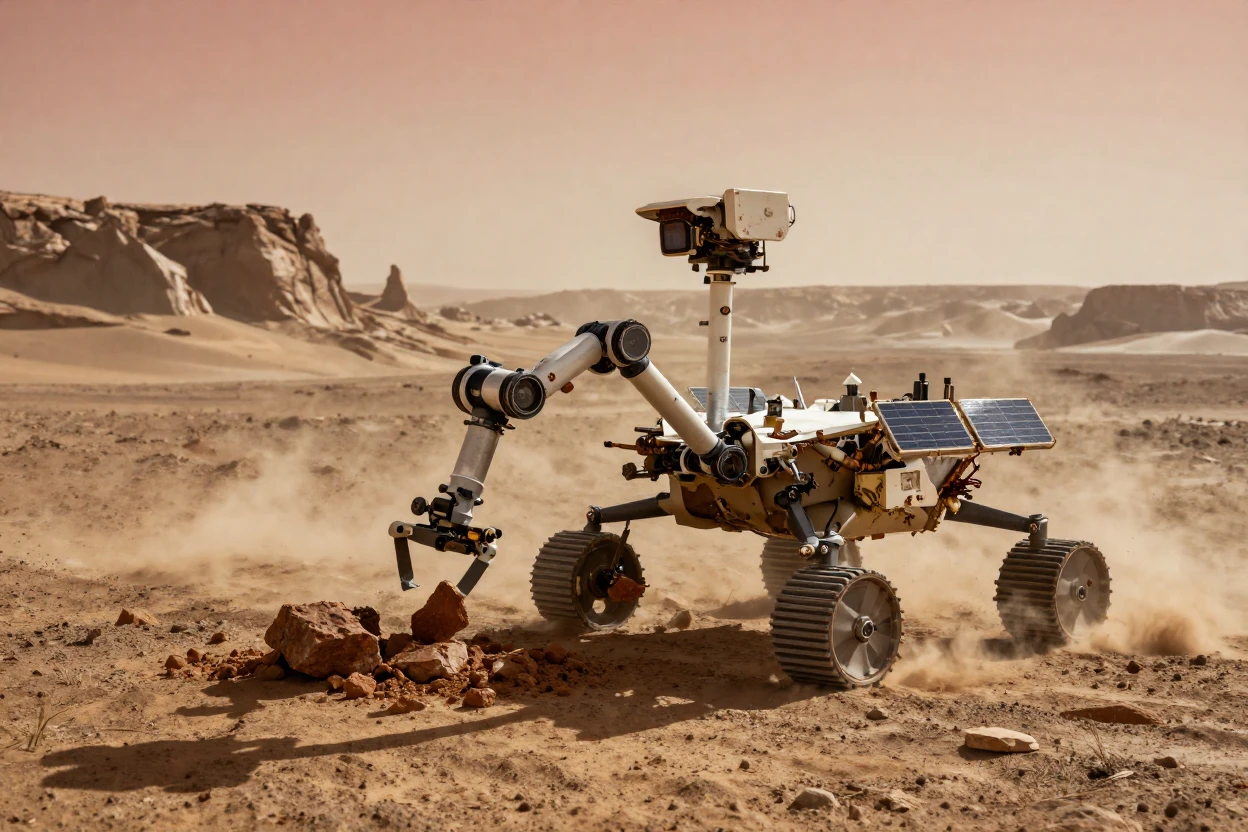 A solar-powered rover collecting samples from an alien surface on the dusty surface of Mars