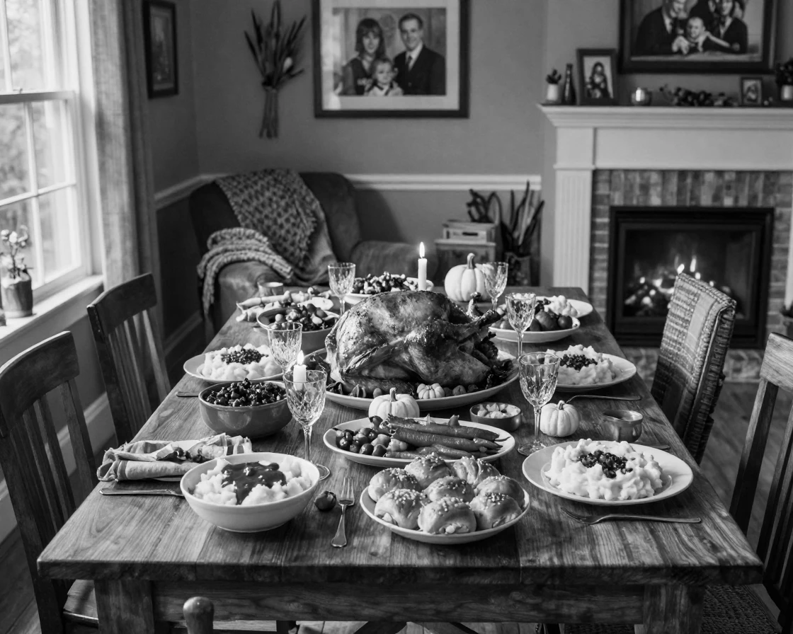 A Thanksgiving dinner table overflows with warm seasonal dishes in a cozy family living room.