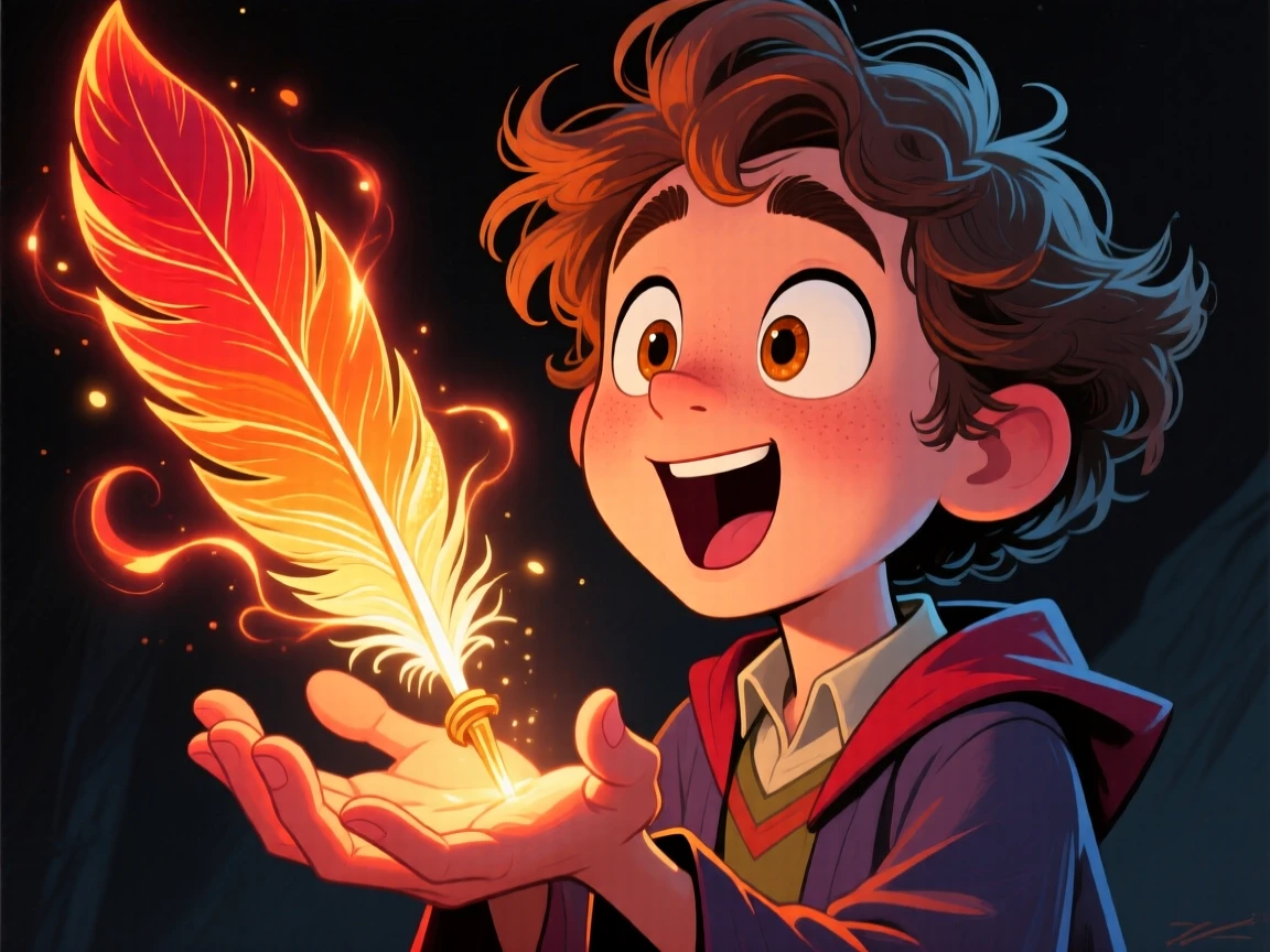 A phoenix feather glowing brightly in the palm of an awestruck young sorcerer.