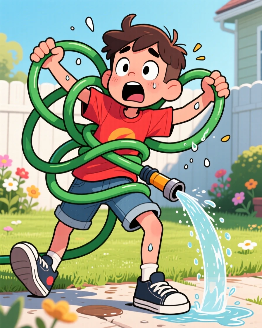A funny expressive moment showing a teenager getting tangled up in a garden hose, with a look of pure comic disbelief.