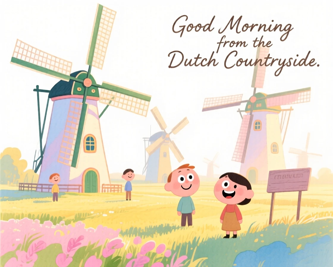 A dreamy travel postcard scene of a windmill field in the Dutch countryside bathed in warm morning light