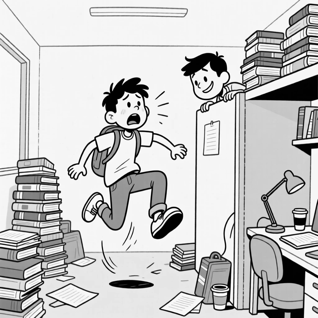A student cramming with textbooks piled to the ceiling, freezing mid-step with one foot dramatically raised, set in a cramped, book-covered dorm room. A coworker peeks over a cubicle wall, smirking. It's the kind of relatable blunder everyone secretly recognizes.