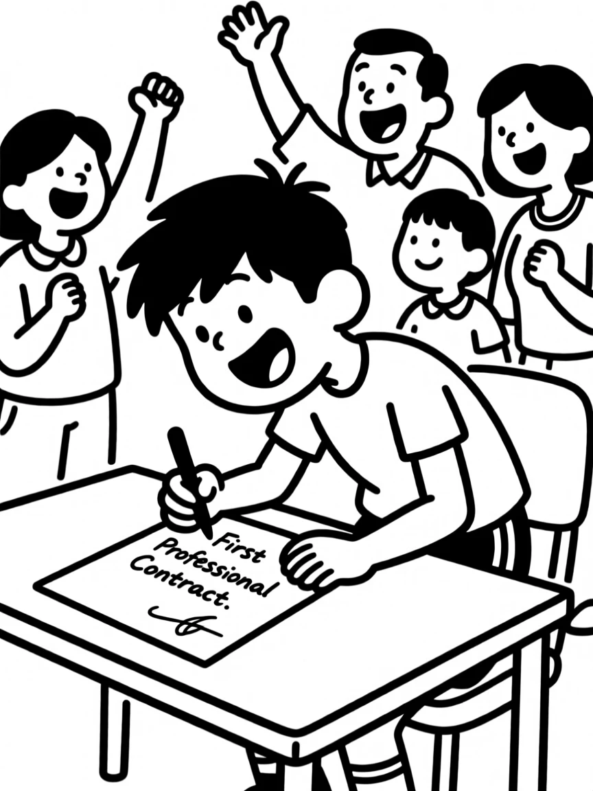 A young athlete signing their first professional contract, family cheering behind them.