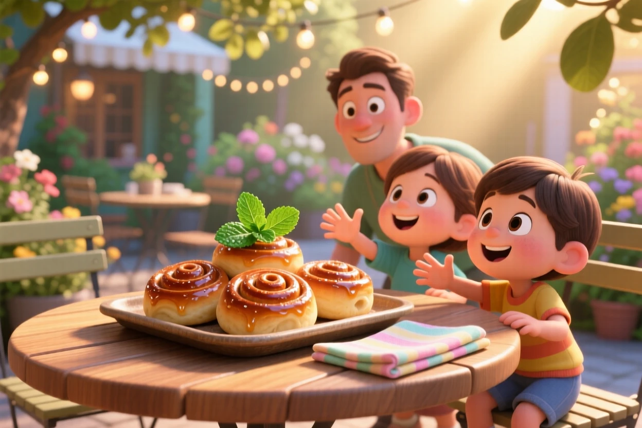 A tray of glazed cinnamon rolls sits at a sunny outdoor cafe table, garnished with a sprig of fresh mint. A cheerful, mouthwatering warmth surrounds the dish.