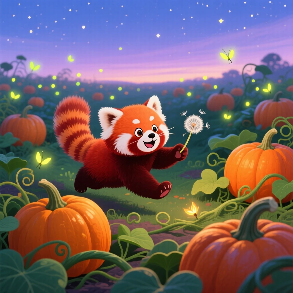 A red panda cub is chasing a floating dandelion seed in a pumpkin patch, while fireflies begin to glow.