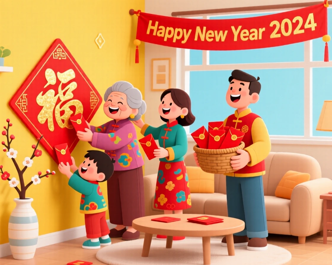A family decorating with red envelopes for a New Year celebration.