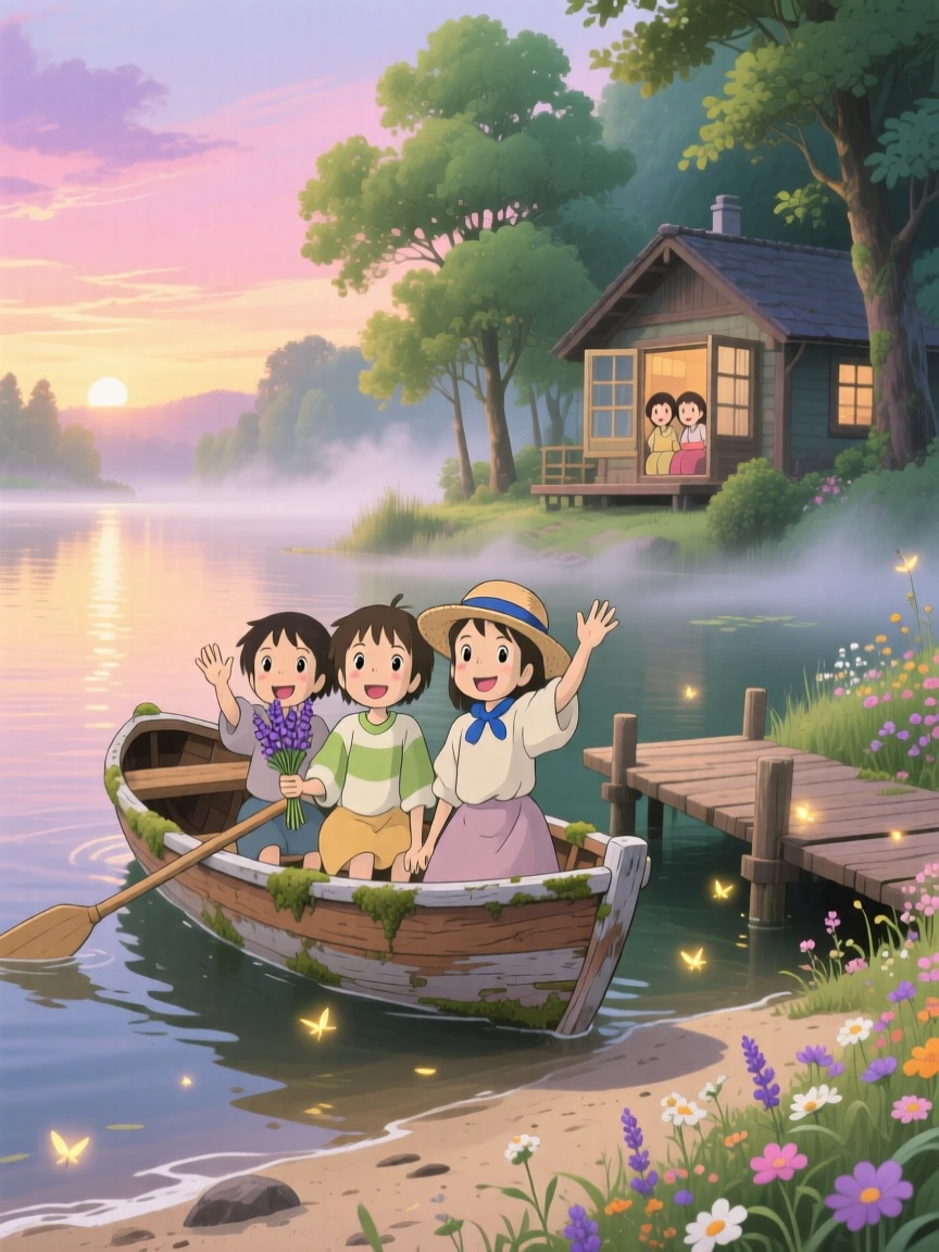 A charming scene of a rowboat resting on the shore of a quiet lake at dawn, as passengers wave from open windows.