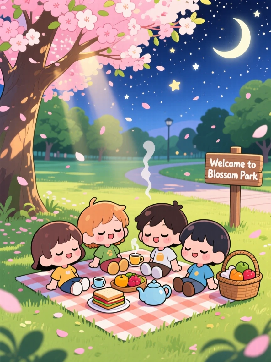 In a sunny park, a group of friends are having a picnic under a blossoming tree under a starry midsummer night sky, bathed in warm morning light filtering through leaves, expression full of sleepy relaxation. Shot as a full-body shot.