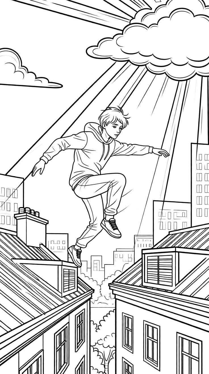 A parkour athlete vaulting between city rooftops, with sunlight breaking dramatically through the clouds.