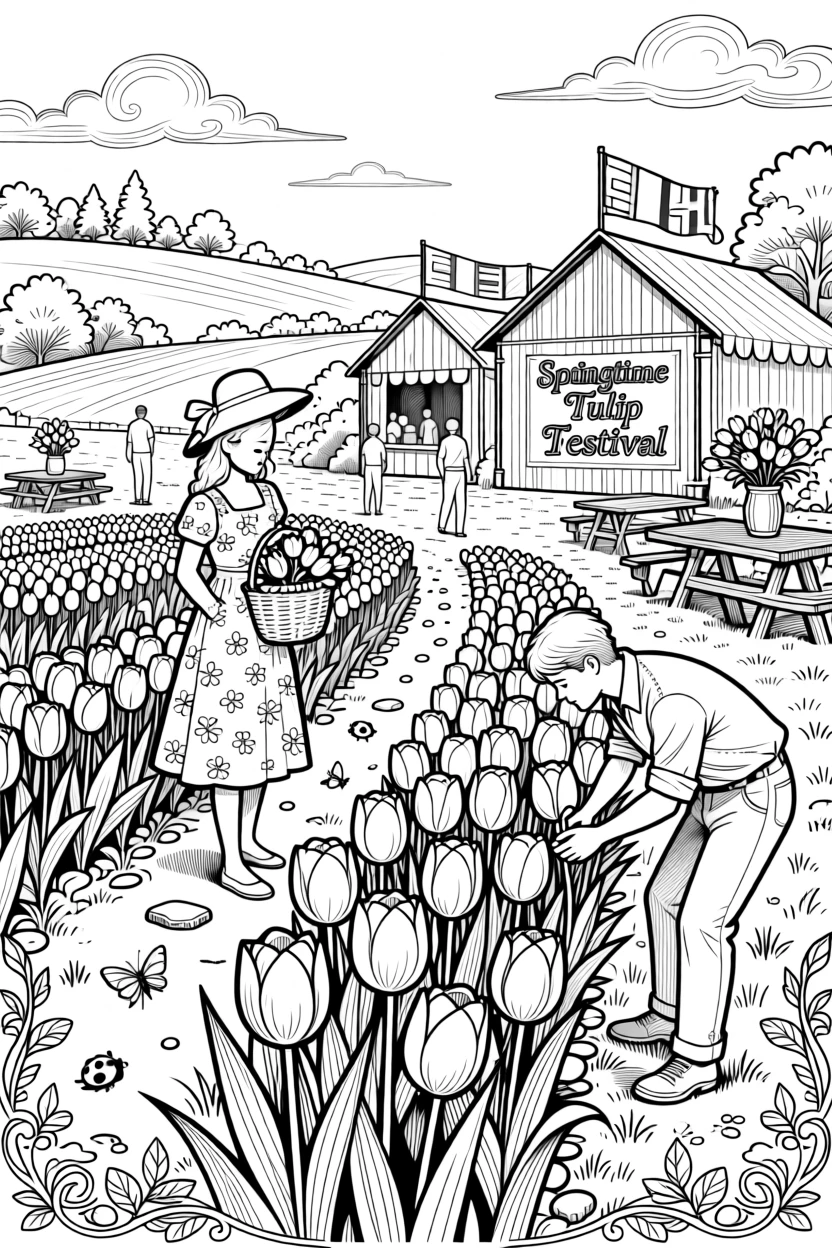 A springtime tulip festival with rows of blooms in a field.