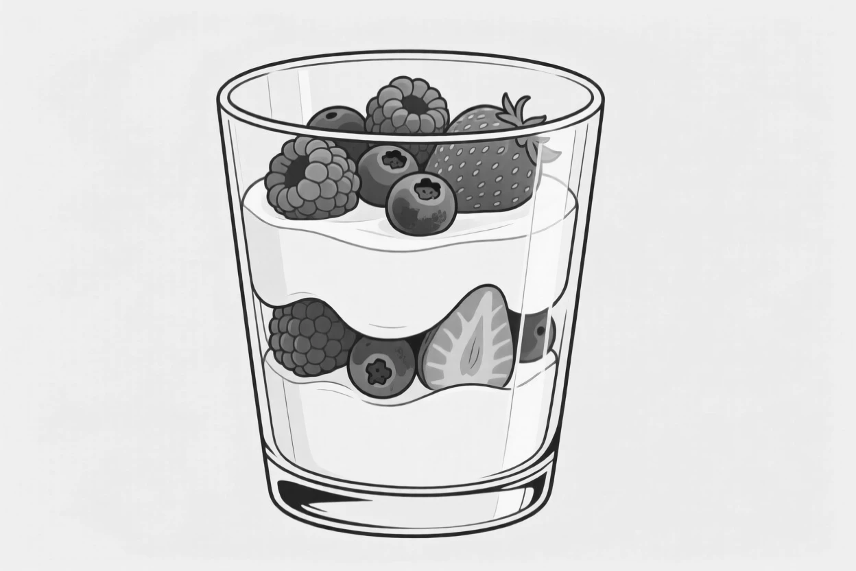 A bowl of fresh berries and yogurt parfait layered in a glass