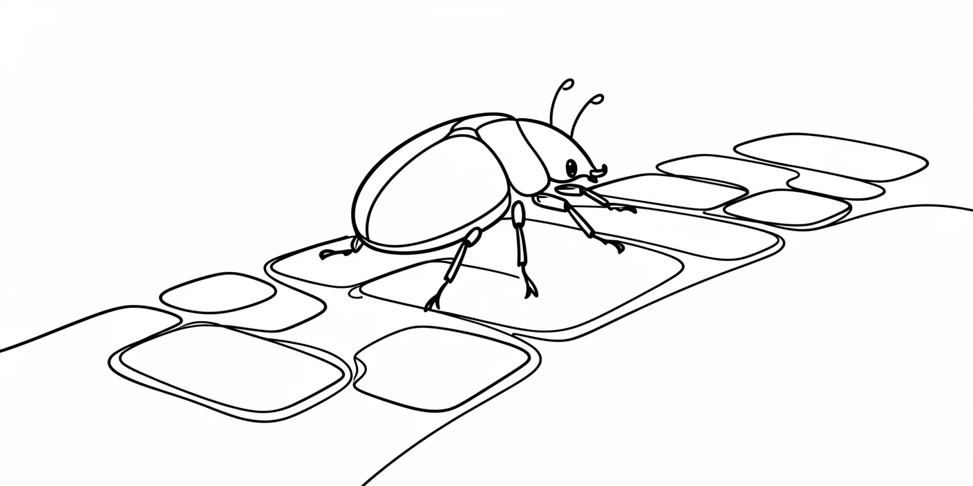 A beetle with an iridescent shell crossing a garden stone path