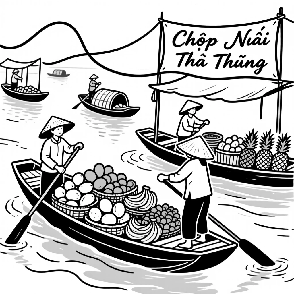 A traditional Vietnamese floating market with boats piled high with fruit.